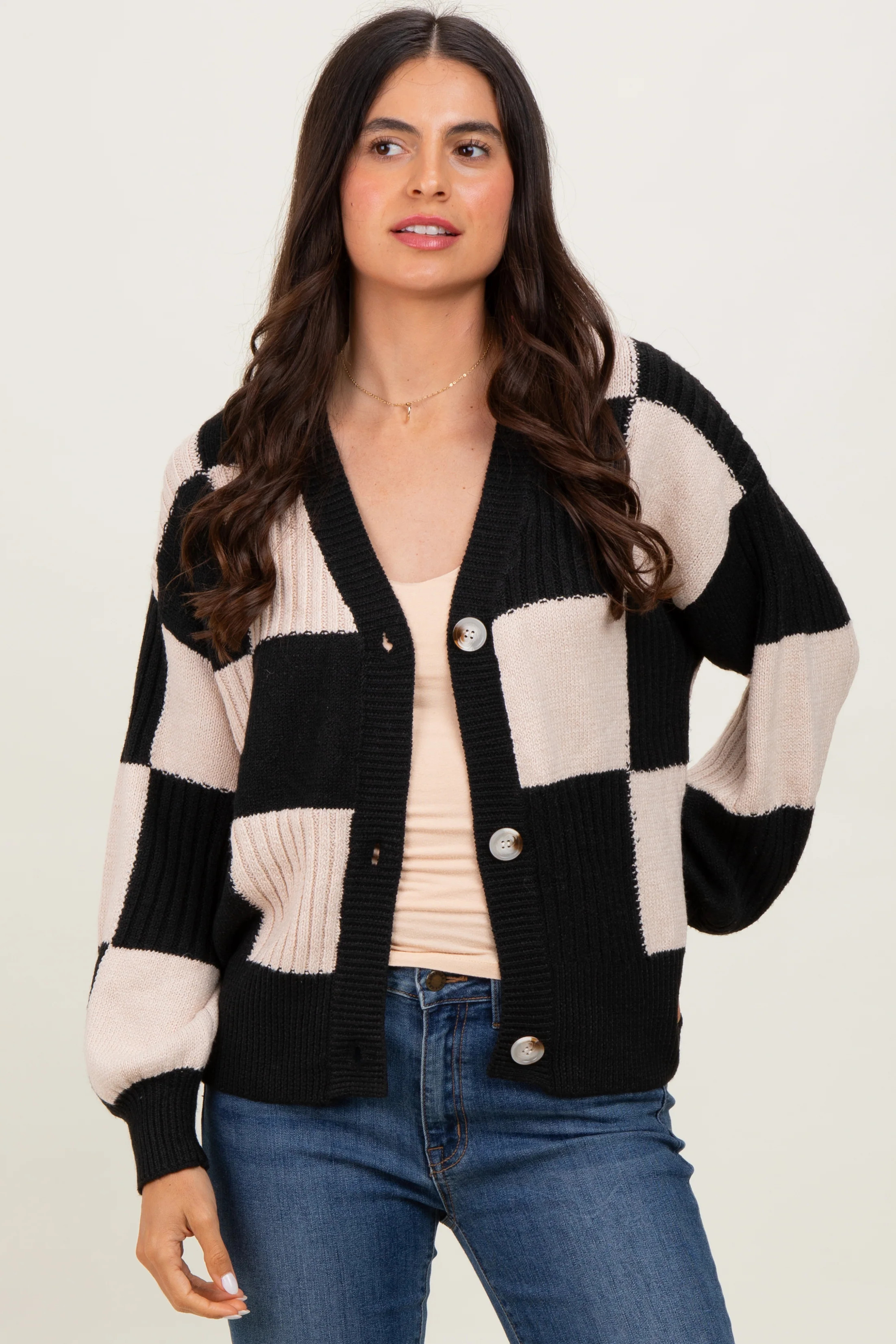 Black Checkered Rib Bubble Sleeve Button Cardigan | PinkBlush Maternity
