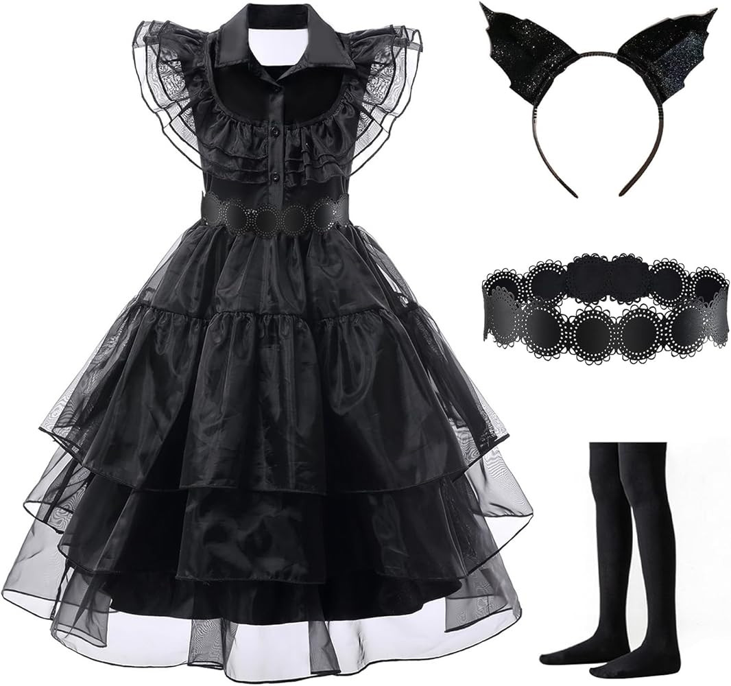 Wednesday Addams Costume Dress for Girls Black Halloween Costumes Cosplay Party Dress with Access... | Amazon (US)
