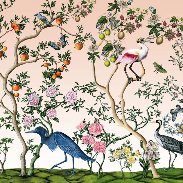 Bird and Branch Mural in Peach Sunrise | MUSE Wall Studio