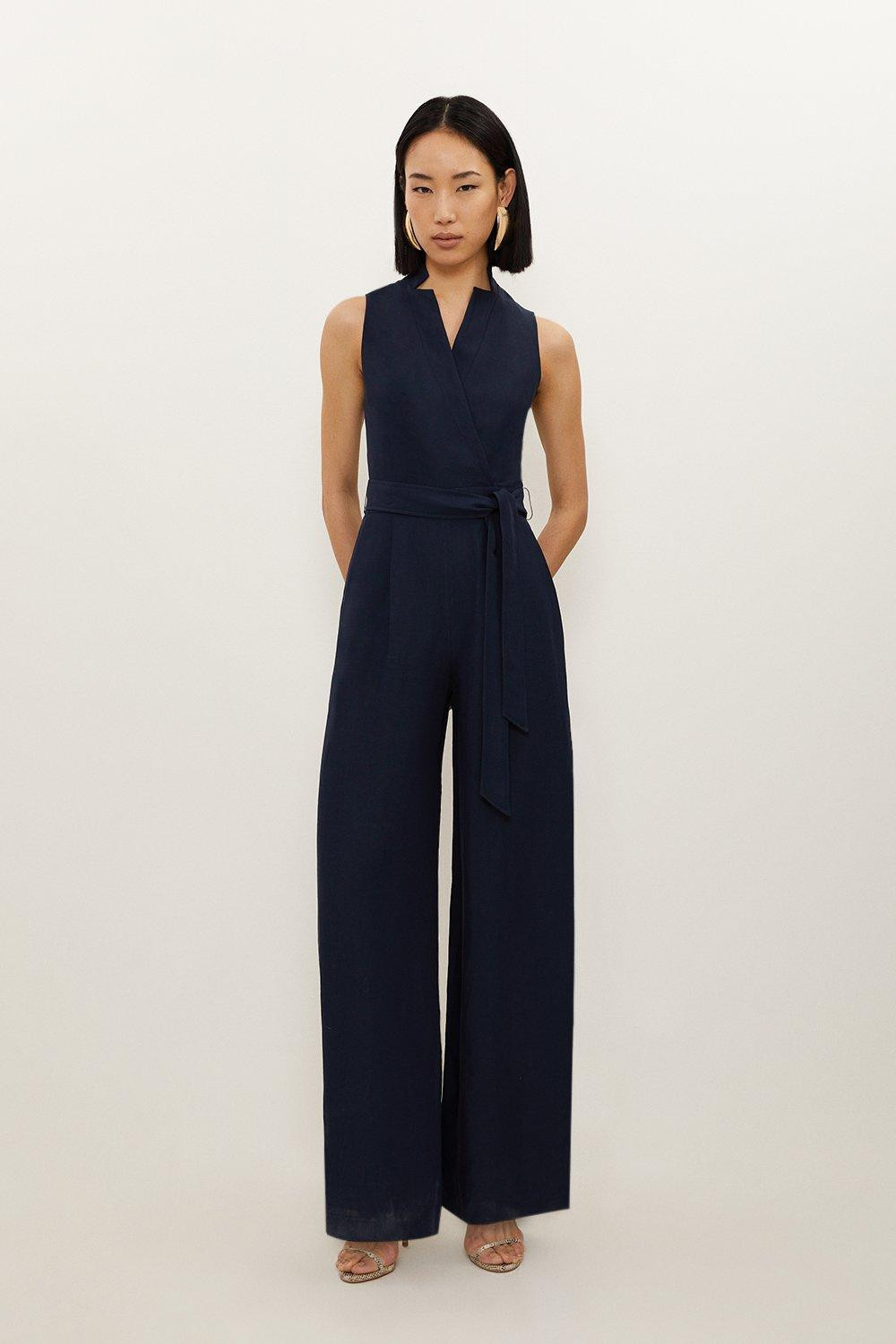 Premium Tailored Linen Notch Neck Belted Straight Leg Jumpsuit | Karen Millen UK + IE + DE + NL