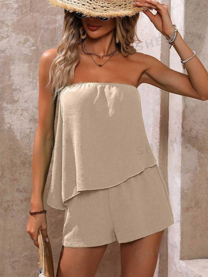 SHEIN VCAY Ladies' Simple Solid Color Tube Top And Shorts Set, Everyday Wear | SHEIN