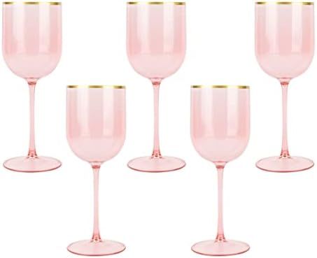 Pink Wine Cup with Gold rim Plastic Wine Glasses Set of 5 Elegant Wine Goblets Hard Plastic Wine ... | Amazon (US)