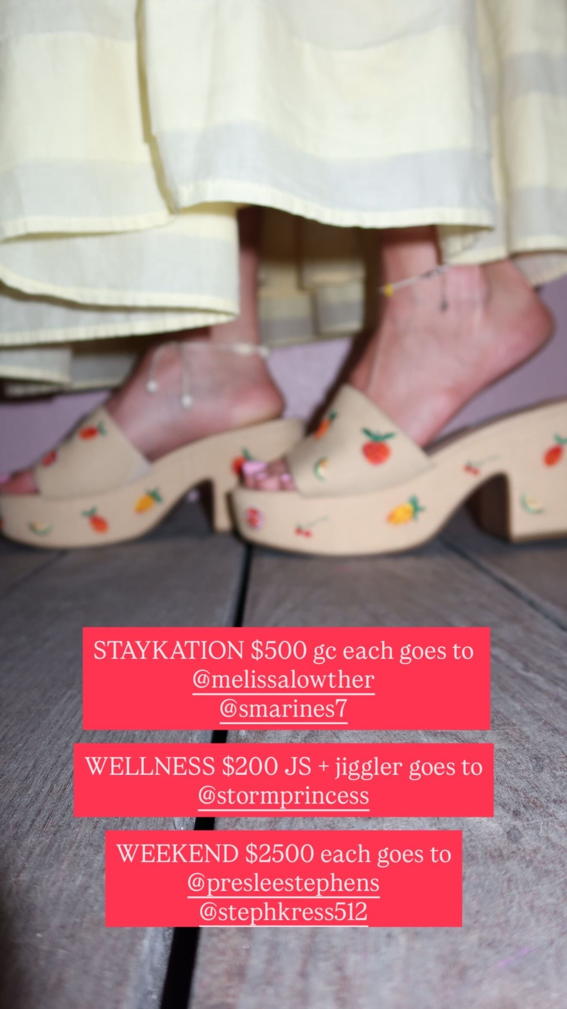 STAYKATION $500 gc each goes to 
@melissalowther 
@smarines7 

WELLNESS $200 JS + jiggler goes to
@stormprincess 

WEEKEND $2500 each goes to
@presleestephens 
@stephkress512