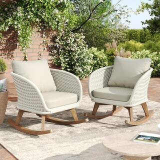 Natural Wicker Outdoor Rocking Chair Set of 2 with Beige Soft Polyester Cushions, for Patio Balco... | The Home Depot
