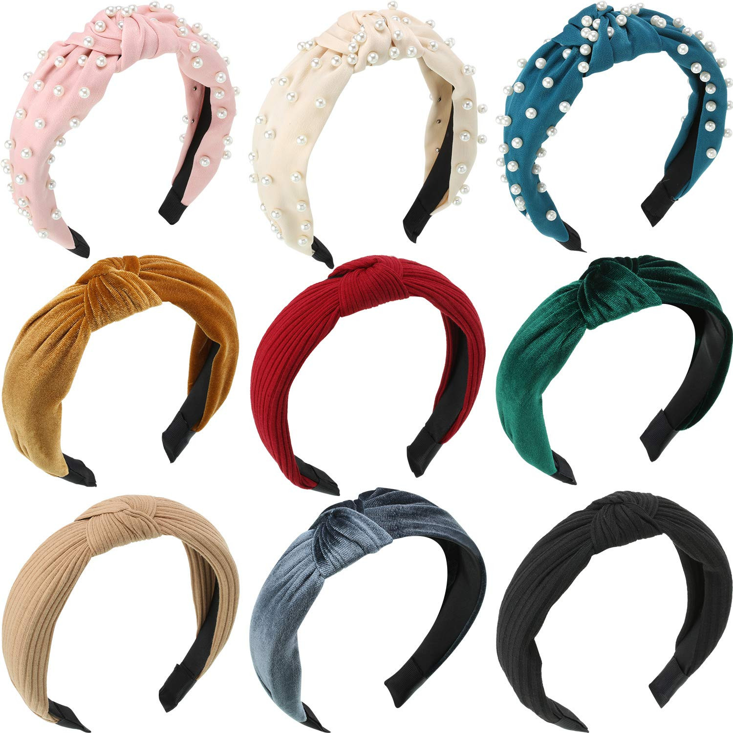 9 Pieces Knot Headband Pearls Knoted Headbands Velvet Knot Head Band Wide Hair Accessories Vintag... | Amazon (US)