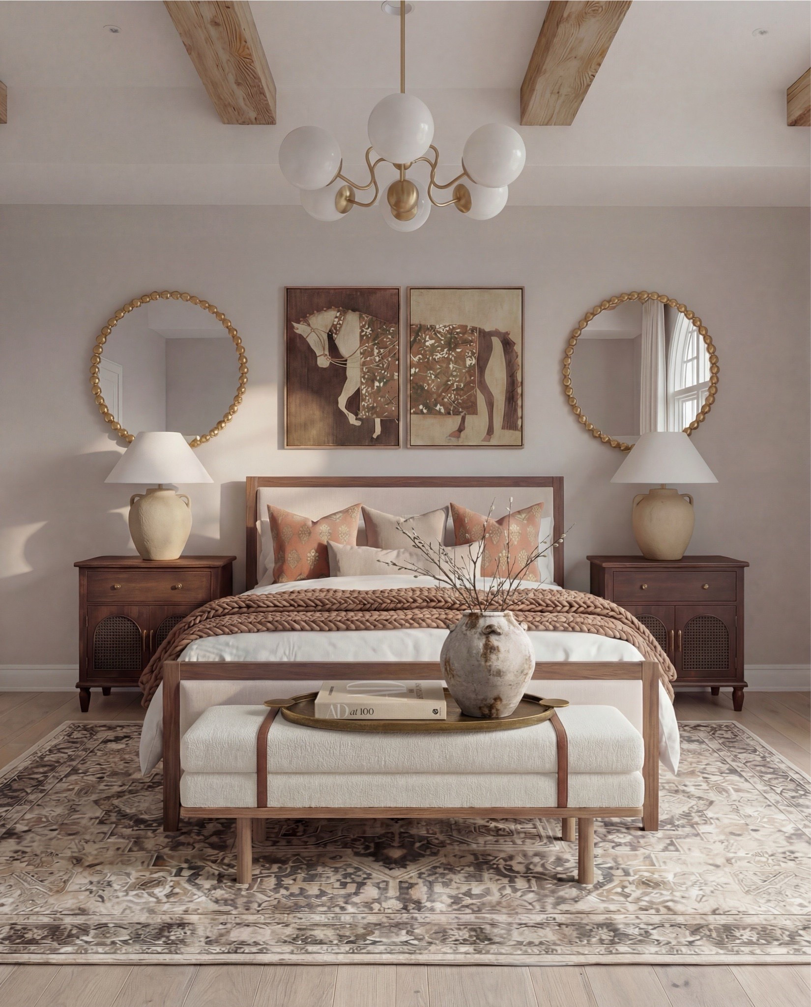 This bedroom feels warm, grounded, and quietly romantic. The wood bed frame and exposed beams anchor the space with a timeless architectural feel, while soft neutral bedding and earthy terracotta accents add depth and comfort. Sculptural lighting, brass details, and layered textures create a calming atmosphere that feels elevated yet relaxed.

The styling is soft and intentional—warm wood tones, cozy textiles, and balanced symmetry that make the room feel serene, inviting, and thoughtfully curated.

Shop the Look:• Wood platform bed frame with upholstered inset• White cotton duvet cover + layered neutral pillows• Terracotta patterned accent pillows• Chunky knit throw blanket (warm rust tone)• Neutral vintage-style area rug (beige and brown tones)• Upholstered bench with leather strap detail• Wood nightstands with brass hardware• Ceramic table lamps with linen shades• Brass chandelier with globe shades• Round gold-frame wall mirrors• Framed equestrian artwork set• Mid-century style wood dresser• Upholstered accent chair with wood arms• Round black fluted side table• Abstract neutral wall art with brass picture light• Large ceramic decorative vases
@Wayfair 

#LTKSaleAlert #LTKHome