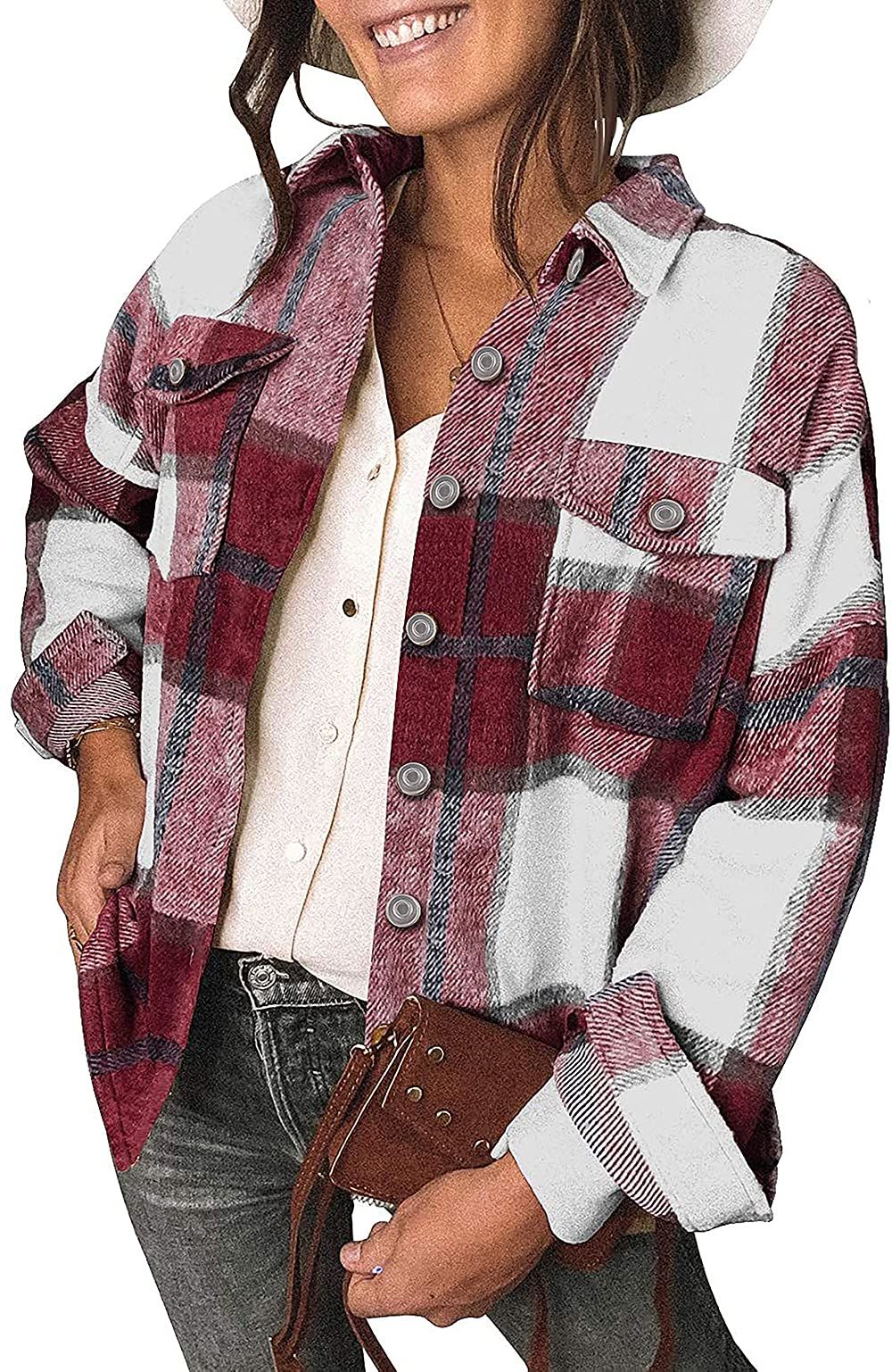 Womens Flannel Plaid Shackets Lapel Button Down Pocketed Long Sleeve Shirt Jackets | Amazon (US)