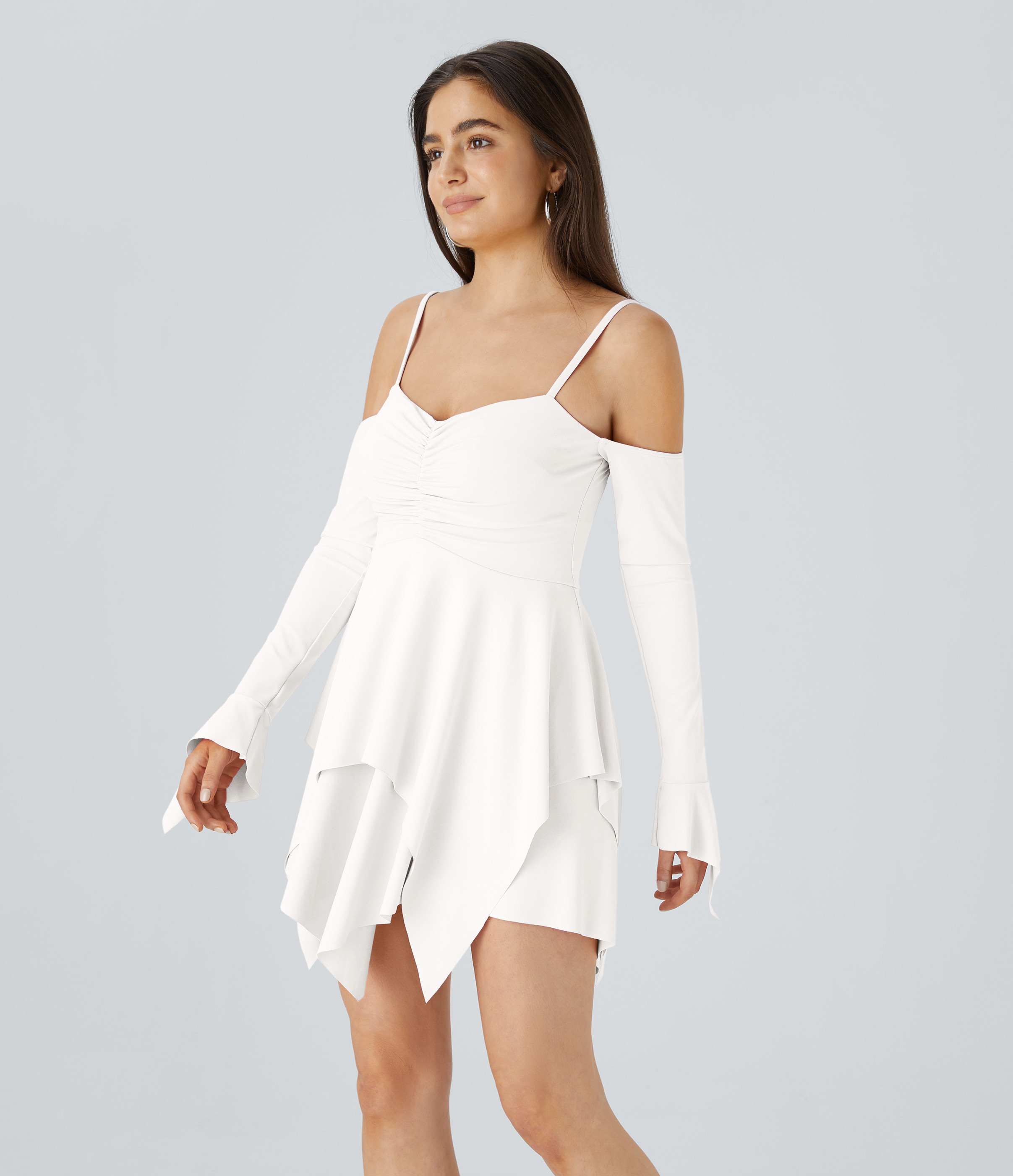 Halara Adjustable Strap Ruched Backless Long Sleeve Layered Hanky Hem Mini Casual Dress Casual Dress - White - L slip dress beach dress | HALARA