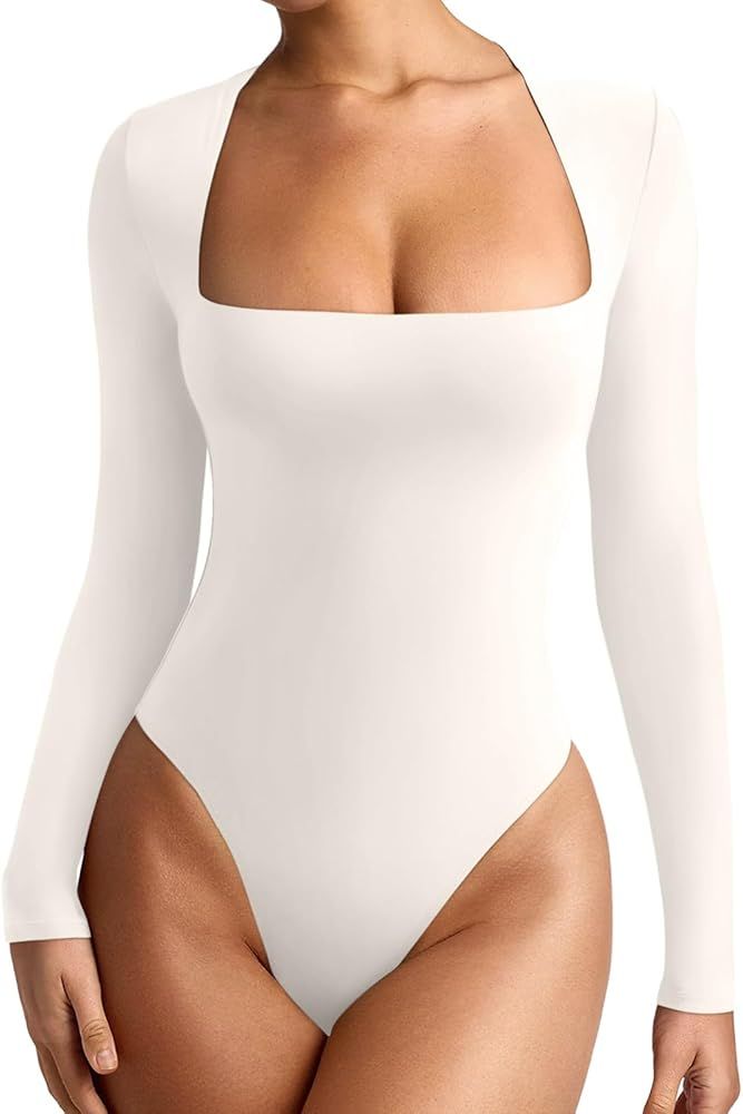 REORIA Women's Sexy Basic Square Neck Long Sleeve Double Lined Layering Bodysuit Tops | Amazon (US)