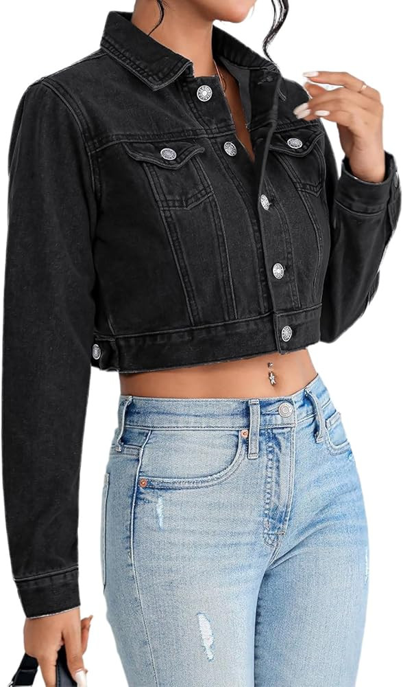 Cropped Jean Jacket for Women Long Sleeve Classic Casual Crop Top Denim Jackets Coat | Amazon (US)