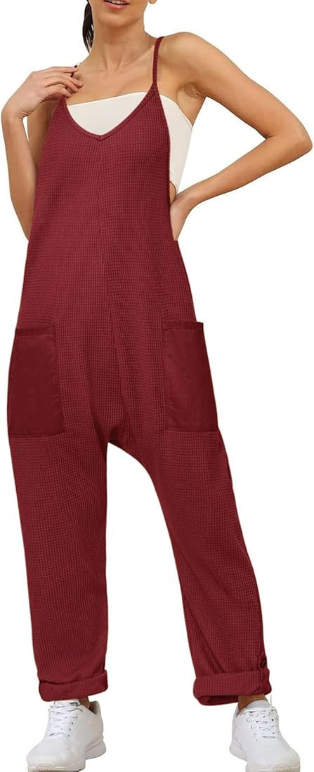 Glamaker Women's Casual Jumpsuits Waffle Knit Overalls Baggy One Piece Sleeveless Loose Fit Mater... | Amazon (US)