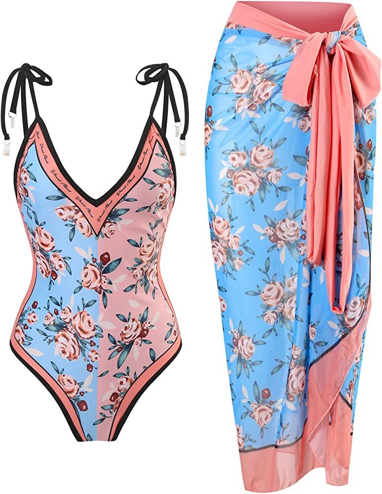 Women Swimsuit with Cover Up Sporlike High Waist Two Pieces Push Up Tropical Tummy Control Monoki... | Amazon (US)