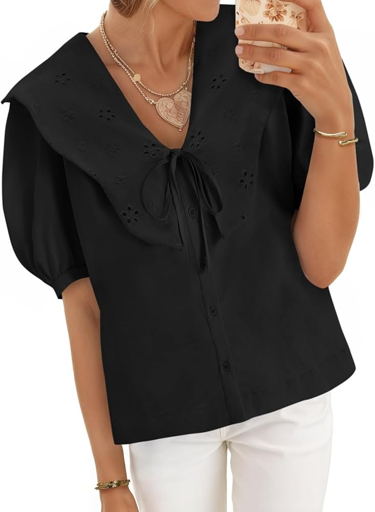 Cicy Bell Womens Peter Pan Collar Button Down Shirts Puff Short Sleeve Summer Casual Eyelet Tops ... | Amazon (US)