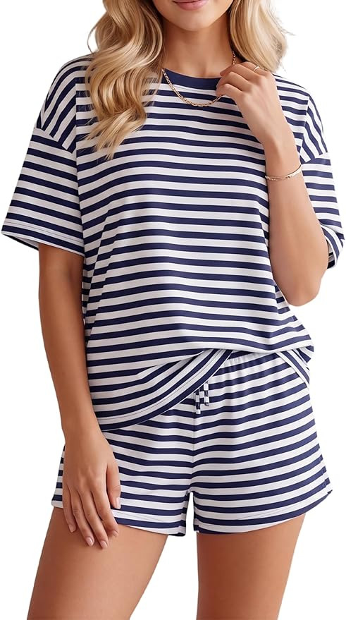 Women Striped Lounge Set 2 Piece Cute Striped Pajamas Shorts Set Short Sleeve T Shirts Drawstring... | Amazon (US)