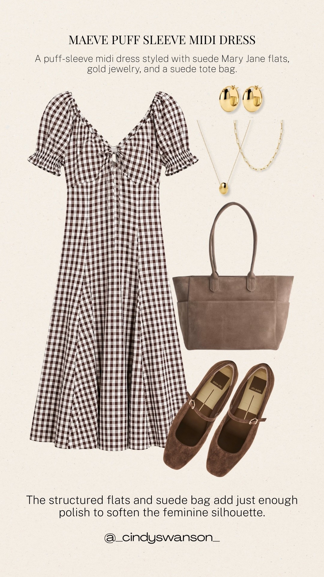 This puff-sleeve midi dress is such a pretty option when you want something feminine and polished without overthinking it. The brown-and-white gingham, suede Mary Jane flats, and suede tote bag make it easy for brunch, a lunch date, or an early fall gathering.

#LTKOver40 #LTKootd #LTKTravel