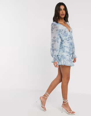 ASOS DESIGN ruched bodice mini dress in blue floral print | ASOS (Global)