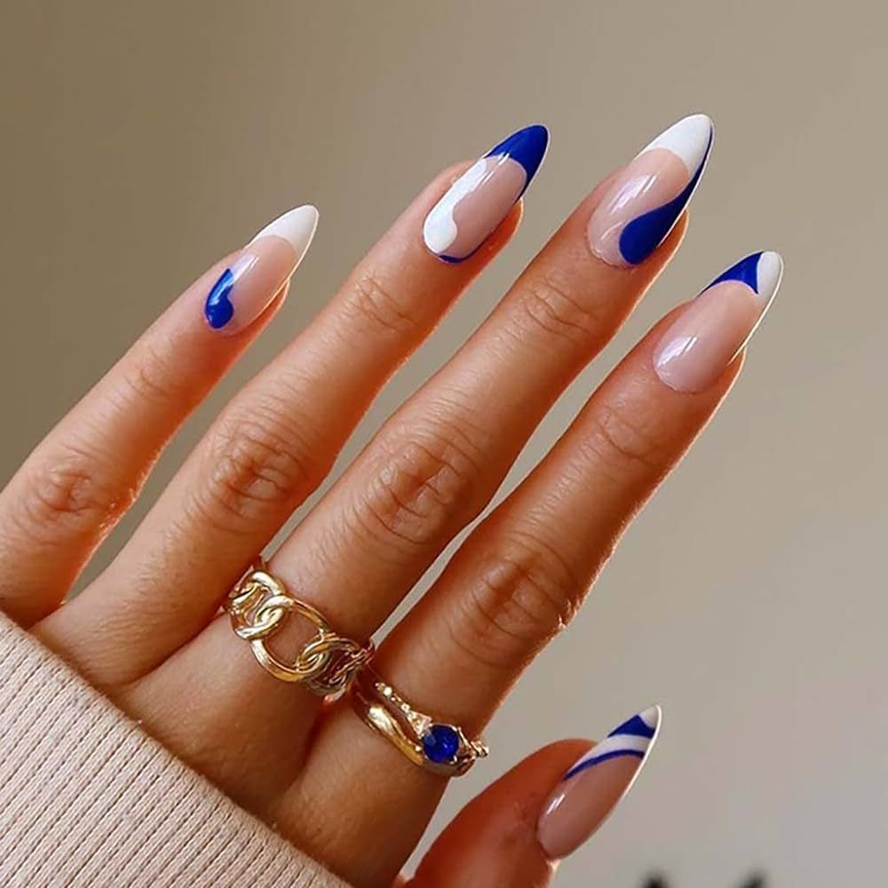 RikView White Press on Nails Medium Length Fake Nails Almond Acrylic Nails Blue Nails | Amazon (US)