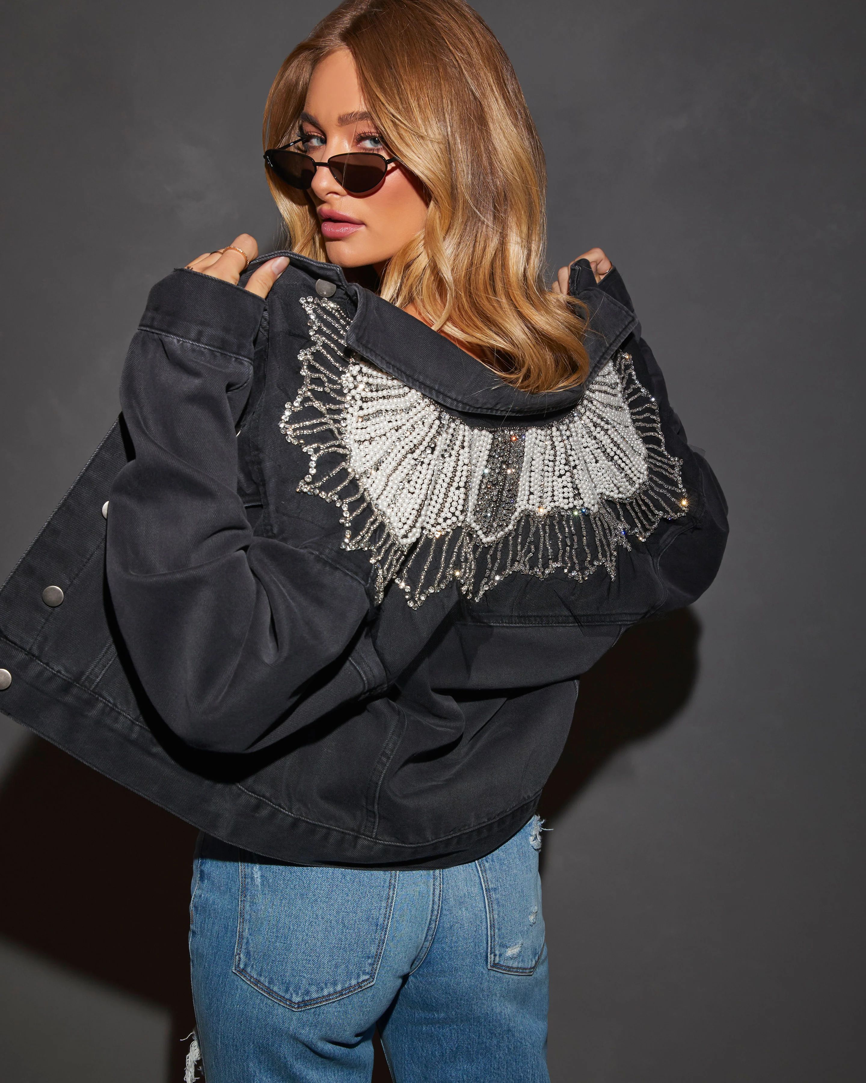 Delanie Pearl & Rhinestone Denim Jacket | VICI Collection