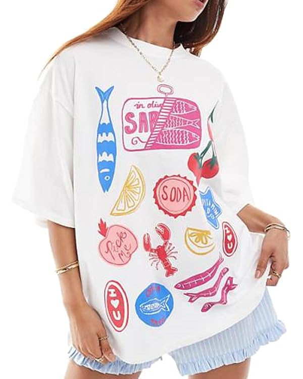 Y2k Oversized Summer Tops for Women Cute Bow Fruit Loose T Shirts Crew Neck Aesthetic Graphic Sho... | Amazon (US)