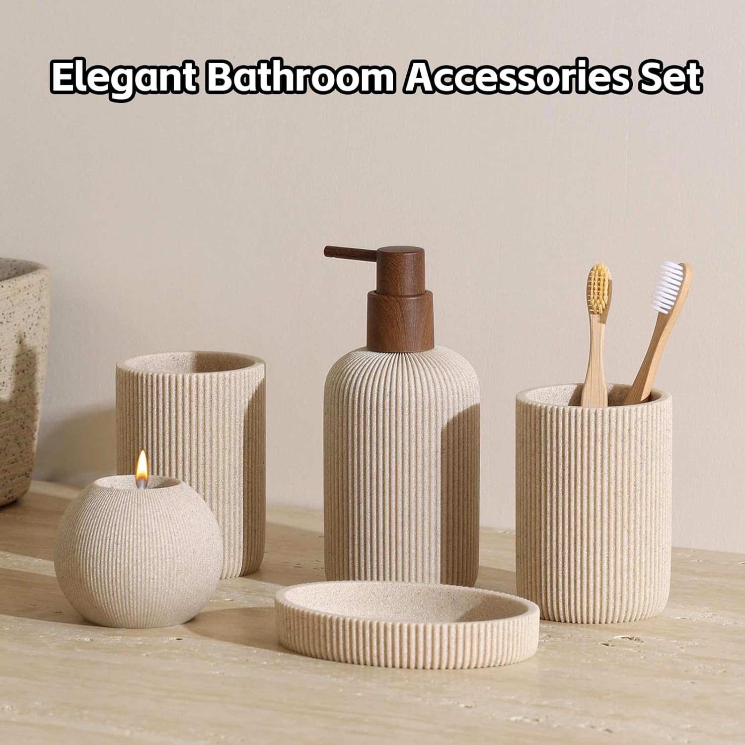Bathroom Accessories Set, 5 PCS Sandstone Look Stripe Modern Bath Organizer with Soap Dispenser, ... | Amazon (US)