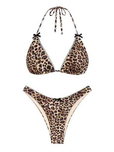 seamoly Leopard Lace Trim Bowknot DecorHalter Triangle Cheeky Bikini Set,Leopard,S | Amazon (US)
