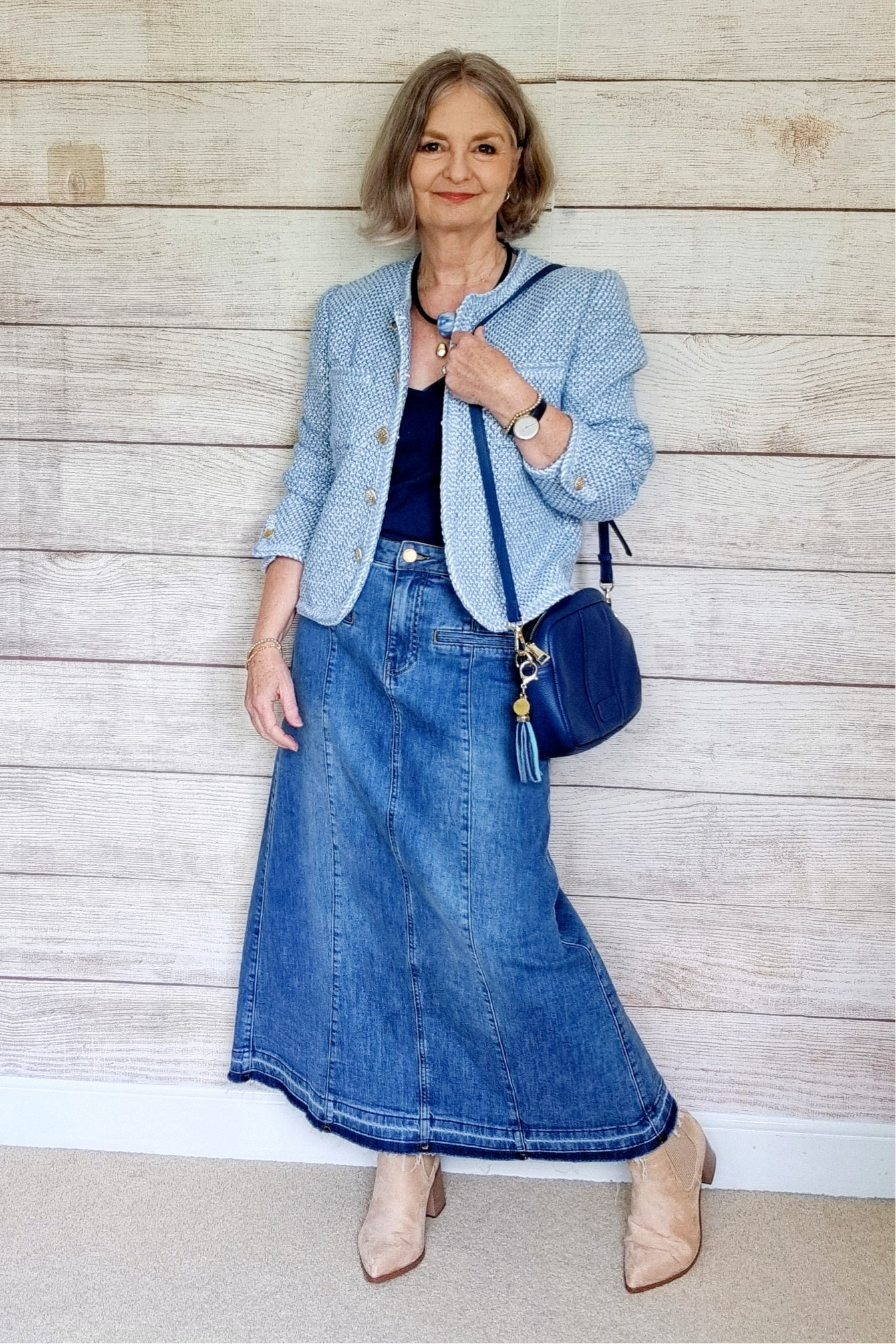 Blue outfit, spring style, Goelia, midi denim skirt, blue spring jacket, cowboy boots, summer style 

#LTKsummer #LTKspring #LTKstyletip