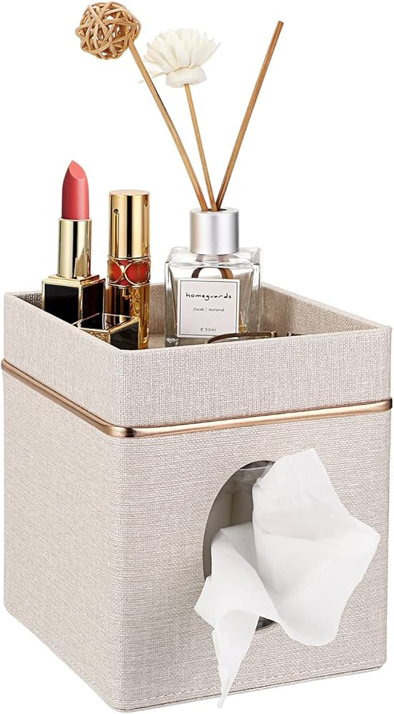 Sumnacon Linen Square Tissue Box Cover - Decorative Cube Tissue Box Holder with Tray, Stylish Tis... | Amazon (US)