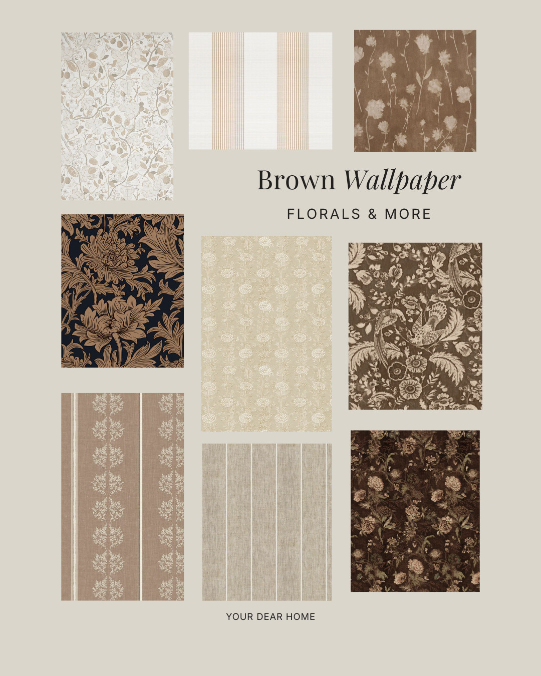 Brown wallpaper adds depth in the most subtle way.
Think soft florals, grasscloth, or muted geometric patterns with brown as a base.
It works especially well in studies, dining rooms, or cozy corners where you want warmth without heaviness. 

 #LTKHome