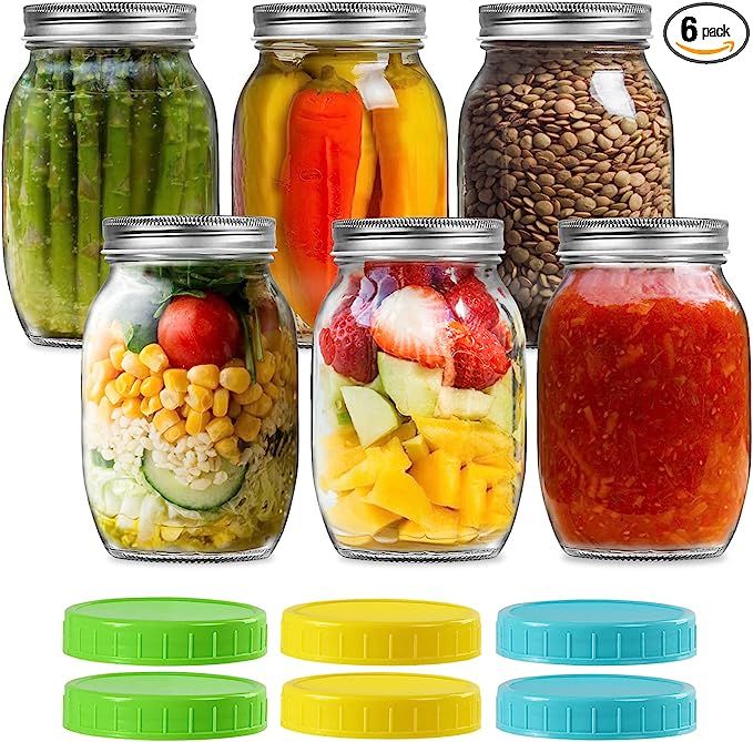 32 oz Wide Mouth Mason Jars with Metal Lids & Plastic Lids, Quart Size Clear Glass Jars for Prese... | Amazon (US)