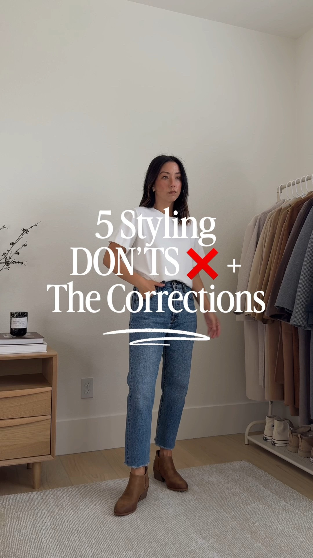 5 styling Don’ts + corrections. 

Outfit details: 
Look 1
Everlane cotton sweater xs
Banana Republic reversible coat petite xs
AGOLDE 90's Mid Rise 24 - fit like a high rise, run big size down
Madewell Dimes booties 5.5
Celine sunglasses

Look 2
Aritiza function tee medium
AYR denim jacket small
Varley cargos 25" xs
Larroude sneakers 6 - size up- run small
Mansur Gavriel tote

Look 3
Oak + Fort trench coat xxs in beige
Aritiza function tee medium
Citizens of Humanity Miro jeans 24 - size down
Sam Edelman loafers 5
Mansur Gavriel tote
YSL sunglasses

Look 4
Everlane tee medium
Aritzia cardigan small
Citizens of Humanity Miro jeans 24 - size down
Larroude sneakers 6 - size up- run small
Mansur Gavriel tote - color is old
Celine sunglasses

Look 5
Everlane tee medium
Jenni Kayne flynn sweater xs
Amazon leggings xs
Oak + Fort trench coat xxs in beige
Amazon socks
Nike RNR sneakers 6
Mansur Gavriel tote