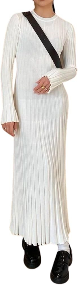 NIKDUCK Women Knitted Long Sleeve Maxi Dress Crochet Slim Fit Hollow Out Midi Dress Warm Party Cl... | Amazon (US)