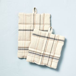 2pc Thin Stripe Plaid Woven Potholder Set Blue/Natural - Hearth & Hand™ with Magnolia | Target