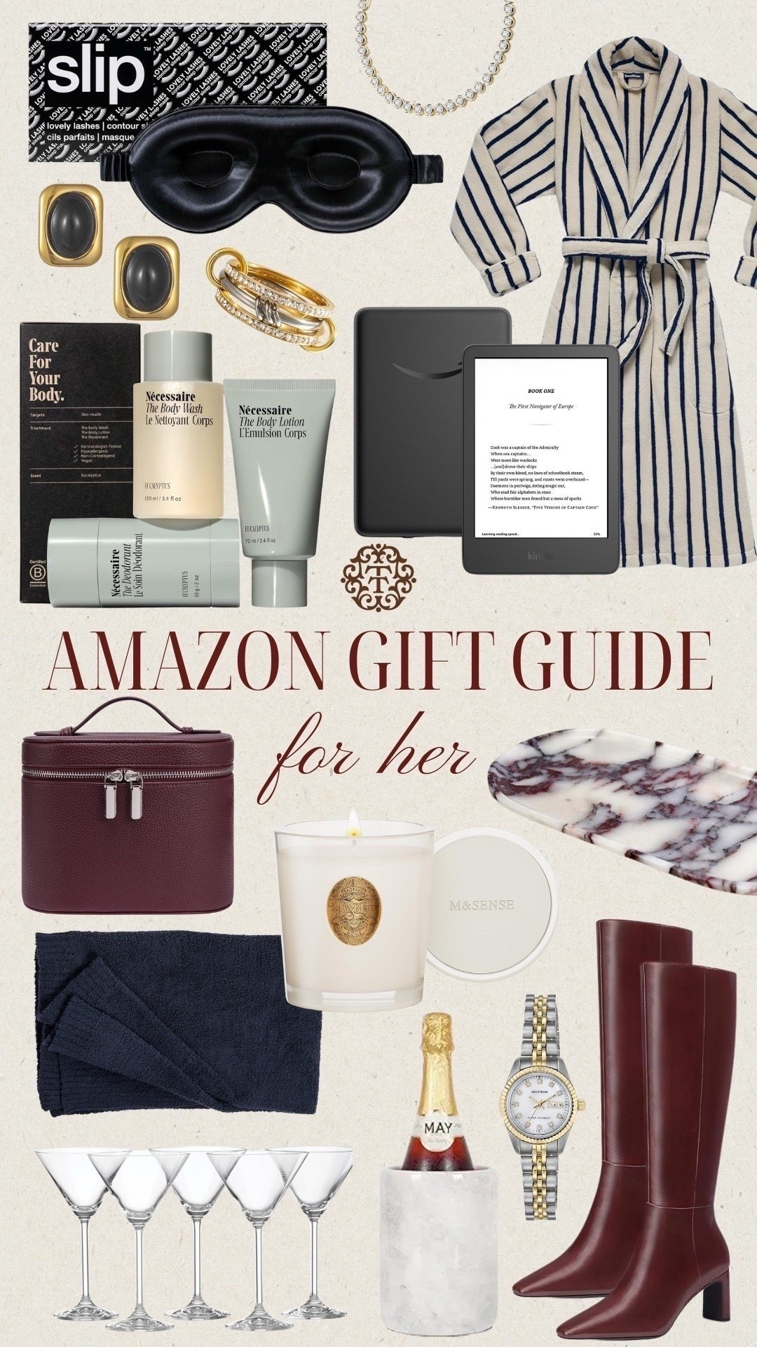 Amazon gift guide for her! So many luxury gifts you can grab now off of Amazon. Items like a new robe, high quality candle, and slip eye mask. We also love the navy barefoot dreams blanket, burgundy boots, and Nécessaire body kit. 

#LTKOver40 #LTKSeasonal #LTKMidsize