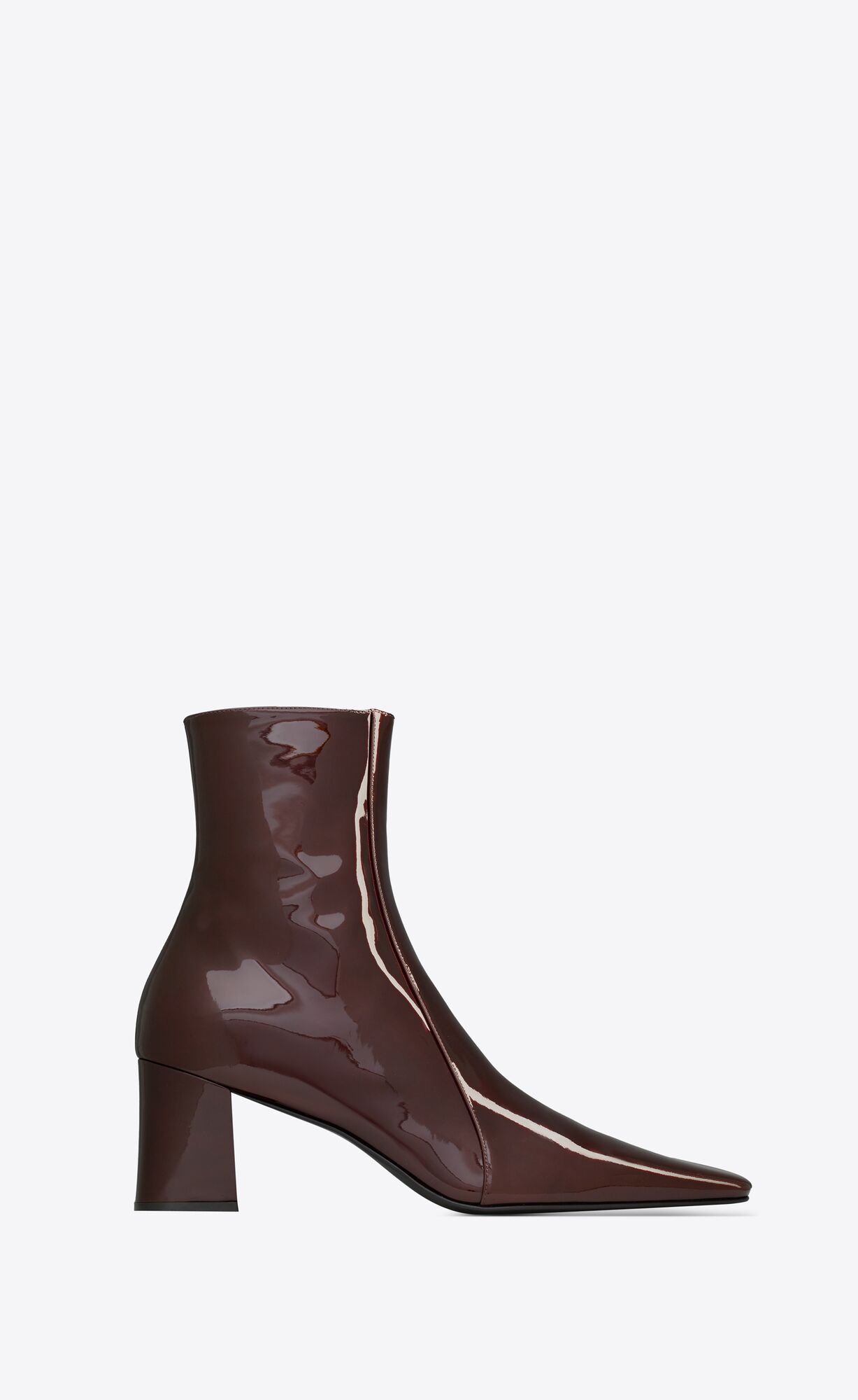 ankle boots with a square pointed toe and trapezoid heel, featuring a side zip closure. | Saint Laurent Inc. (Global)