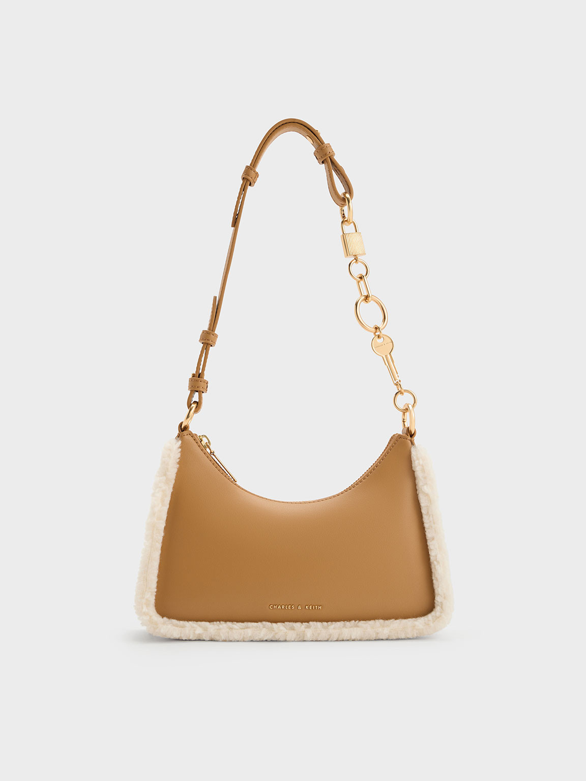 Fur-Trim Lock & Key Chain Handle Bag
 - Camel | Charles & Keith UK