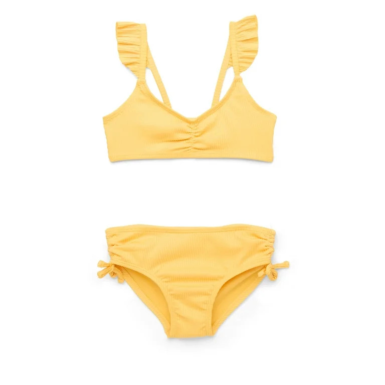 Wonder Nation Girls Rib Knit Ruffle Strap Bikini Top & Mid-Rise Tie Bottoms Swimsuit with UPF 50,... | Walmart (US)