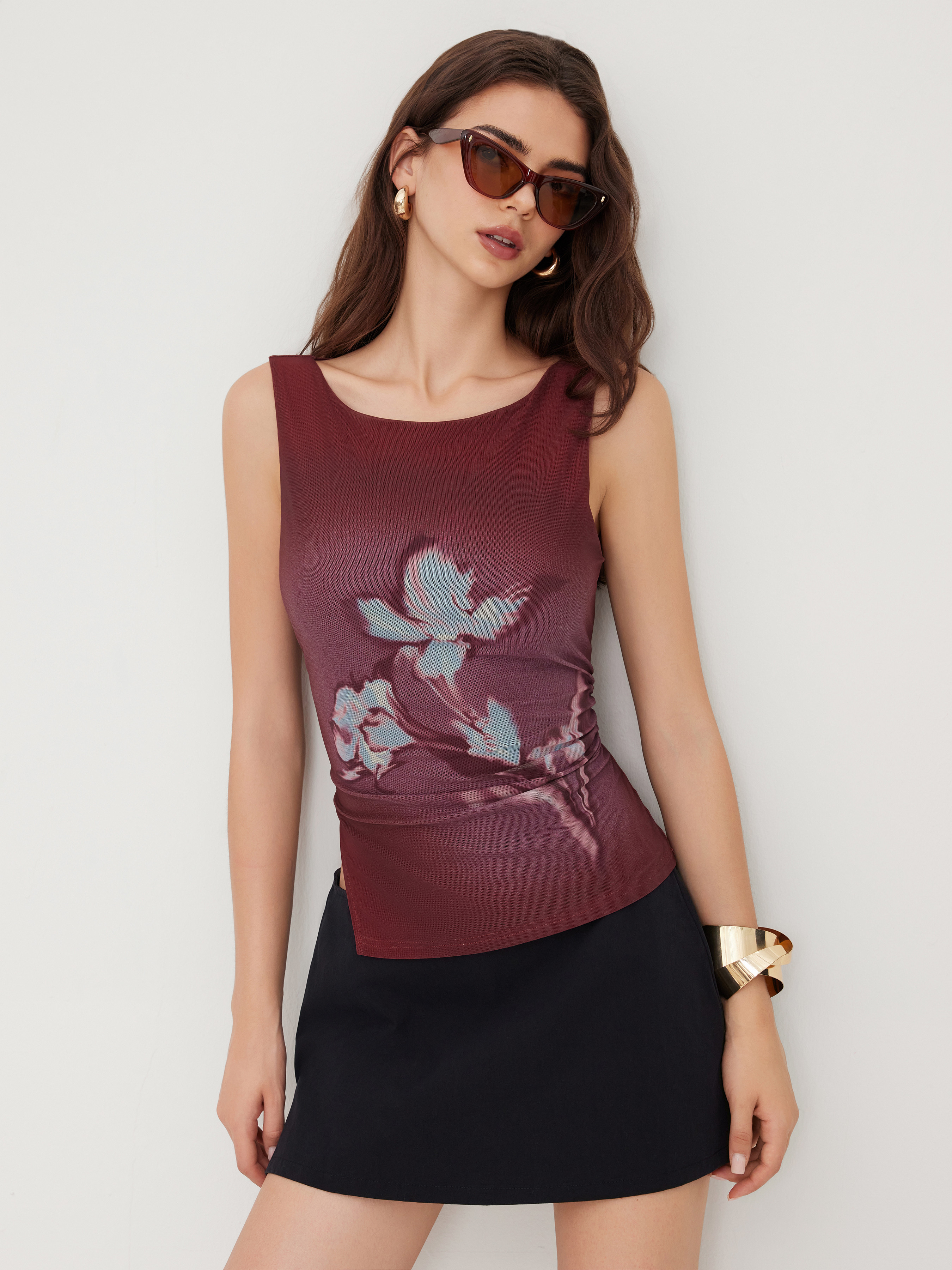 Mesh Mesh Boat Neck Floral Graphic Ruched Split Tank Top For Daily Casual | Cider