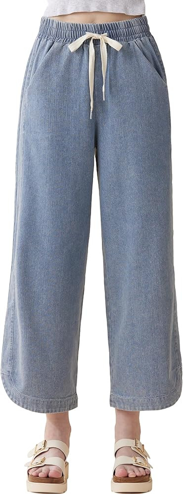 noflik Women's Cotton Drawstring Cropped Wide Leg Pants with Elastic Waist | Amazon (US)