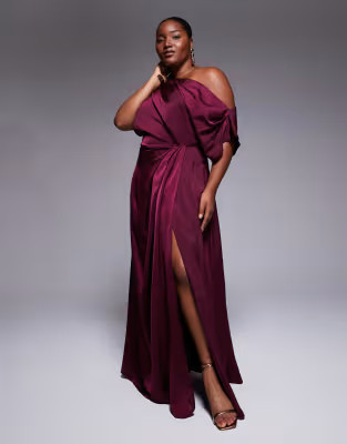 ASOS DESIGN Curve exclusive satin fallen shoulder side split maxi dress in deep purple | ASOS | ASOS (Global)