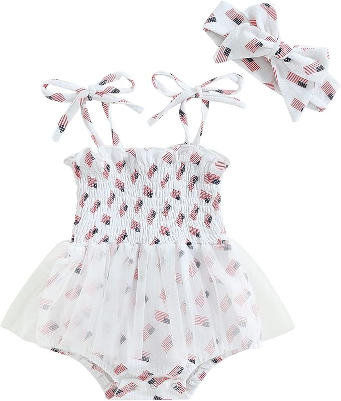FYBITBO 4th of July Baby Girl Outfits American Flag Sleeveless Strap Romper Dress Tulle Bodysuit ... | Amazon (US)