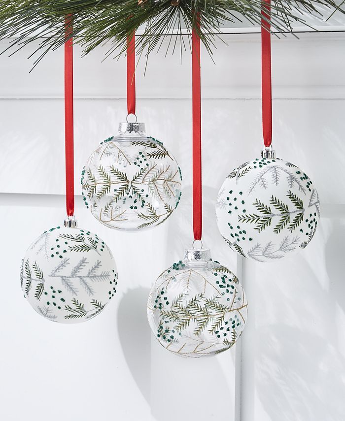 Holiday Lane Northern Holiday Set of 4 Shatterproof Clear & White Decorated Ball Ornaments, Creat... | Macys (US)