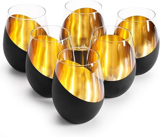 MyGift Modern Matte Black and Gold Tilted Design Stemless Wine Glasses Tumblers - 18 oz, Set of 6 | Amazon (US)