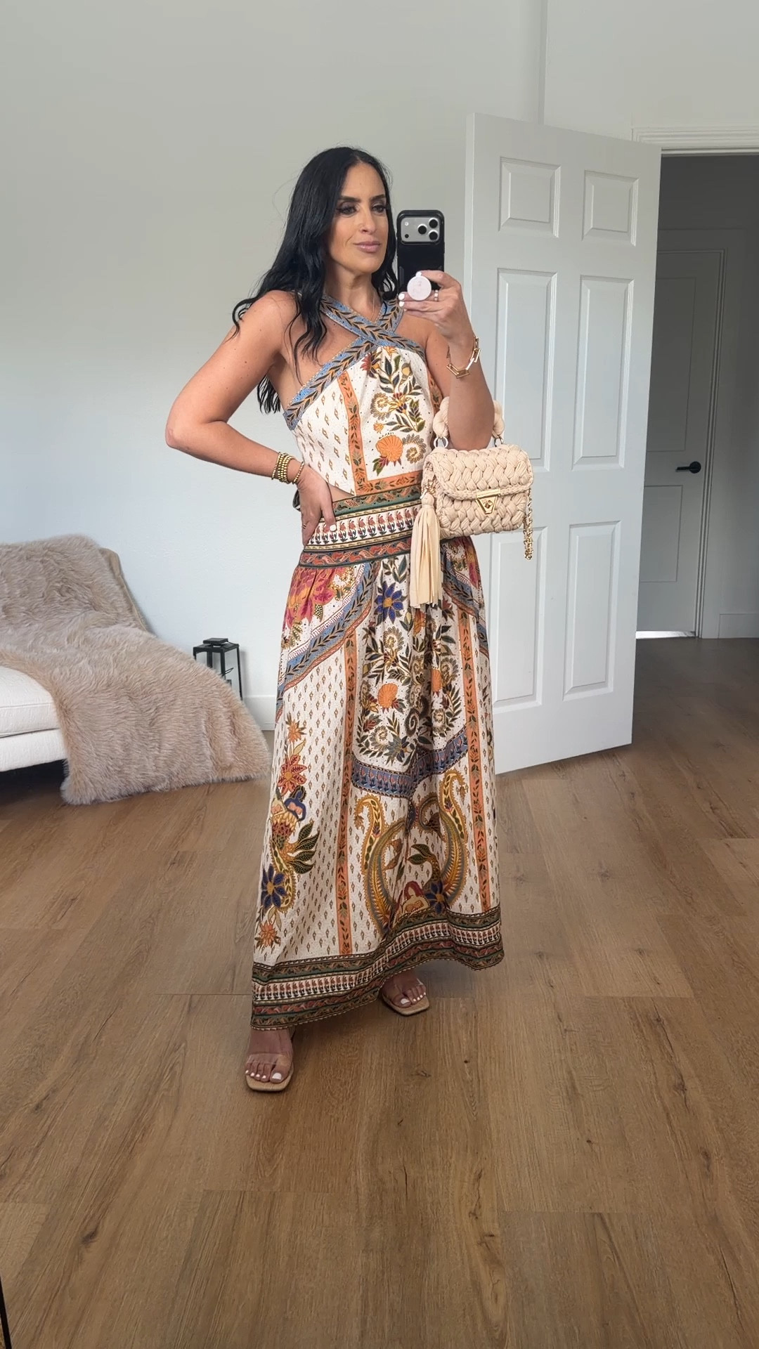 Farm Rio x Anthropologie linen blend halter dress wearing size medium 