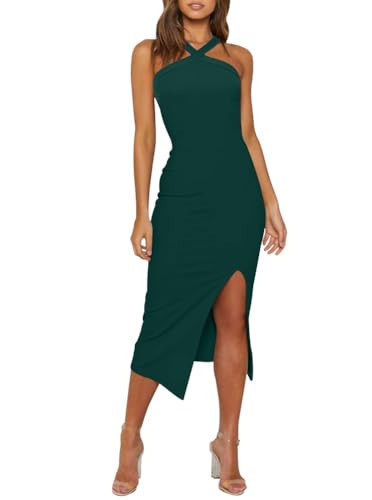 OWIN Women 2025 Sexy Halter Cocktail Wedding Guest Dresses High Waist Bodycon Side Split Formal Party Midi Dress Dark Green | Amazon (US)