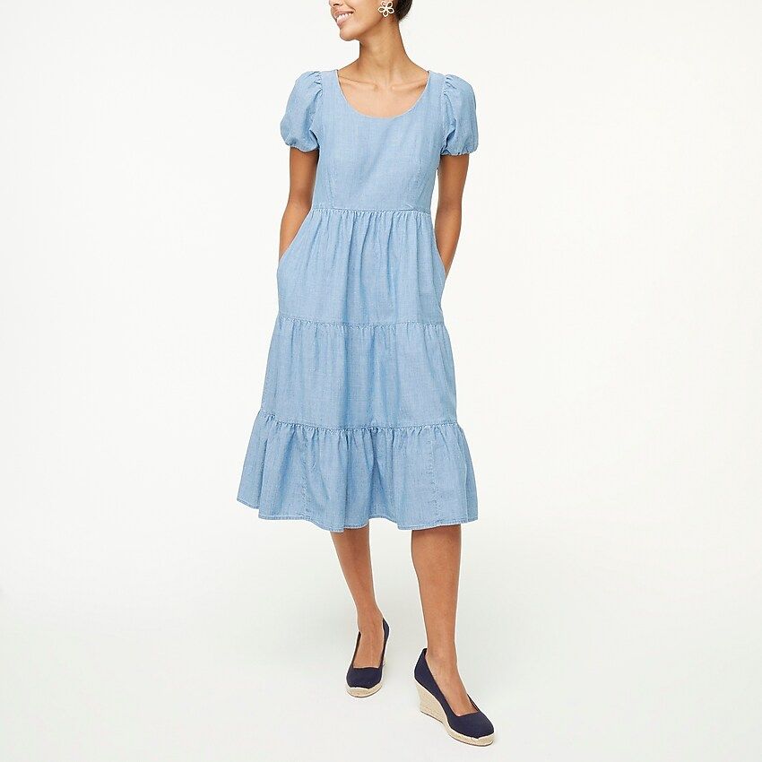 Chambray tiered puff-sleeve dress | J.Crew Factory
