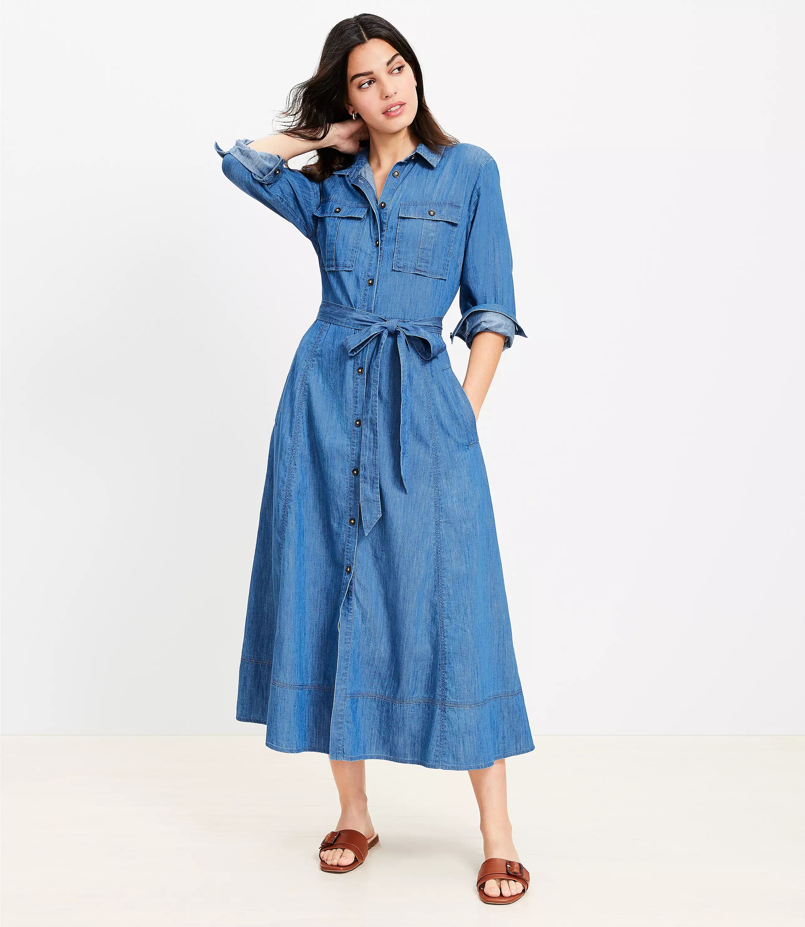 Petite Chambray Belted Midi Pocket Shirtdress | LOFT