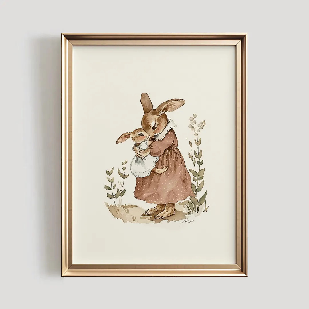Rabbit Nursery Print | Vintage Style Nursery PRINTABLE Wall Art | Mom & Baby Print | Antique Nurs... | Etsy (US)