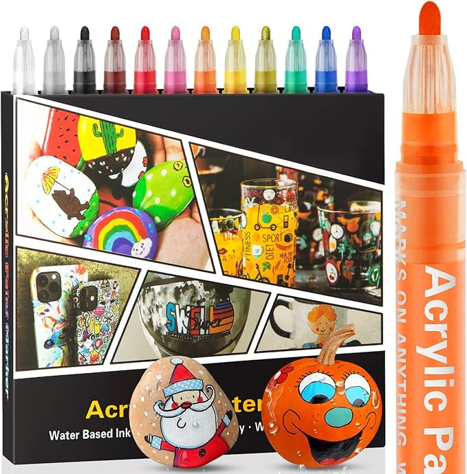 Acrylic Paint Pens Markers -12 Color Waterproof Paint Pens for Rock Painting,Graffiti, Stone, Cer... | Amazon (US)