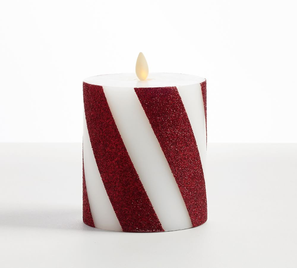 Premium Flickering Flameless Wax Pillar Candles - Candy Stripe | Pottery Barn (US)