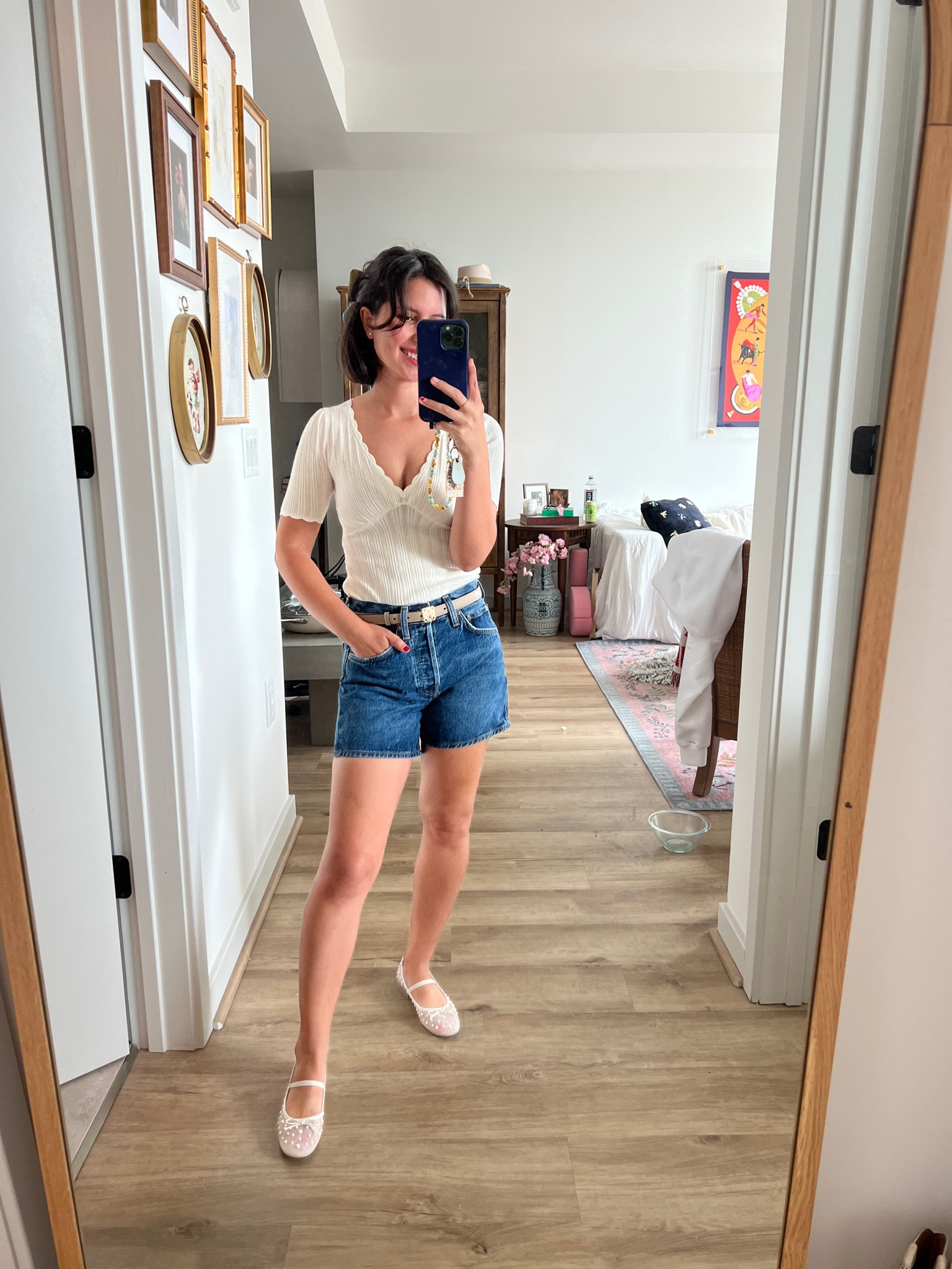 Jean shorts outfit, ballet flats, dolce bits, Sezane top, over 30, jean shorts, Loewe belt, minimal style, summer outfit, agolde, petite 

#LTKFindsUnder100 #LTKShoeCrush #LTKStyleTip
